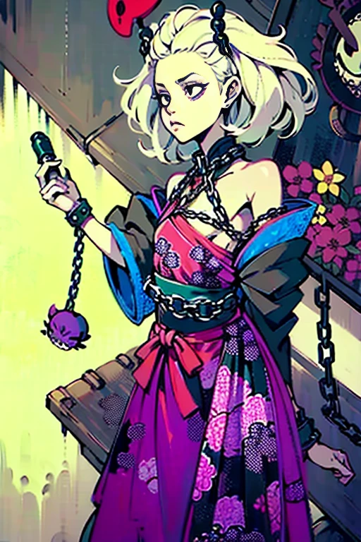 ((Background made up of chains and flowers))、 Horror elements, (masterpiece), (High resolution), (Very delicate), (clear), Manga style illustration,Japanese painting, (spooky), crazy illustration, Flat Illustration, spooky外観, (Mr..々Color Hair Styles), Unique atmosphere、Small eyes、（Flat Chest）, ((Muddy hair)),chain wrapped around body、((spookyタトゥー))、Holding a balloon,Skin full of stitches,restrained by thick chains、（Colorful clown costumes）、Bold Pose、Sexy Costumes、dress
