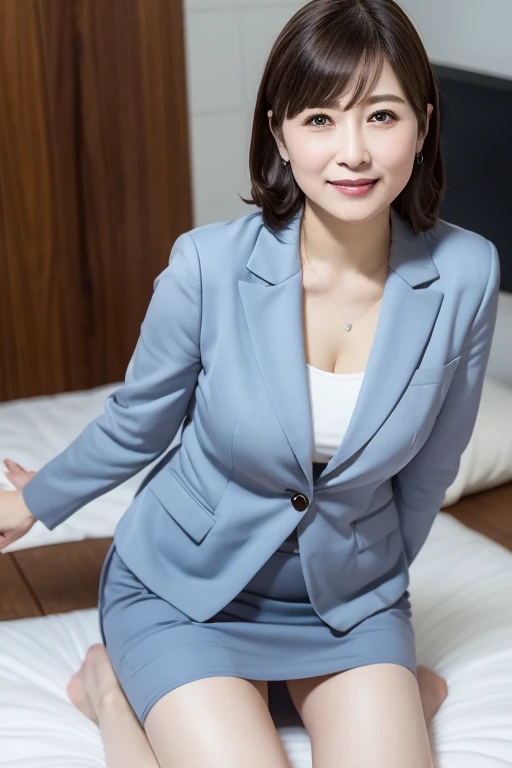 Masterpiece, photo quality, (high resolution photo: 1.4), Japanese woman, business jacket, cotton tight skirt, beautiful thighs with skin color, updo, smile, droopy eyes, gentle eyes, bangs, office, detailed eyes, detailed facial expression,