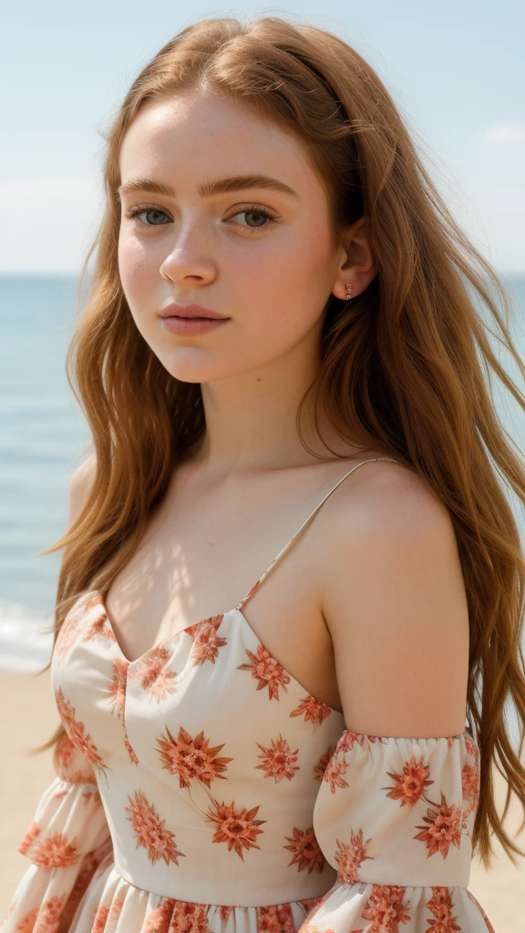 (sdsx woman:1), closeup portrait photo, wearing a floral pattern frilled dress, by the beach, face in highlight, sunny day
