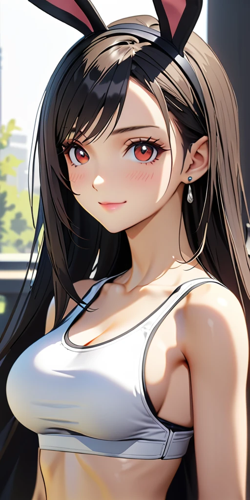 (((((tifa lockhart:1.5))))),((Highest quality、masterpiece、anime style、best quality、high resolution、8k、detailed、ultra-detailed:1.3))、Long legs:1.2, Beautiful woman with perfect figure:1.4、(Smiling:1.2), double eyelid、30-year-old female、((((One Woman,beautiful face,Beautiful face:1.5)))),Big Breasts、High resolution, accurate, Anatomically correct, High-resolution model, high quality, Very detailed, Ultra high definition、Black Hair、Straight Hair、Long Hair、(((Bunny girl、Bunny ears headband,blushed face:1.1)))