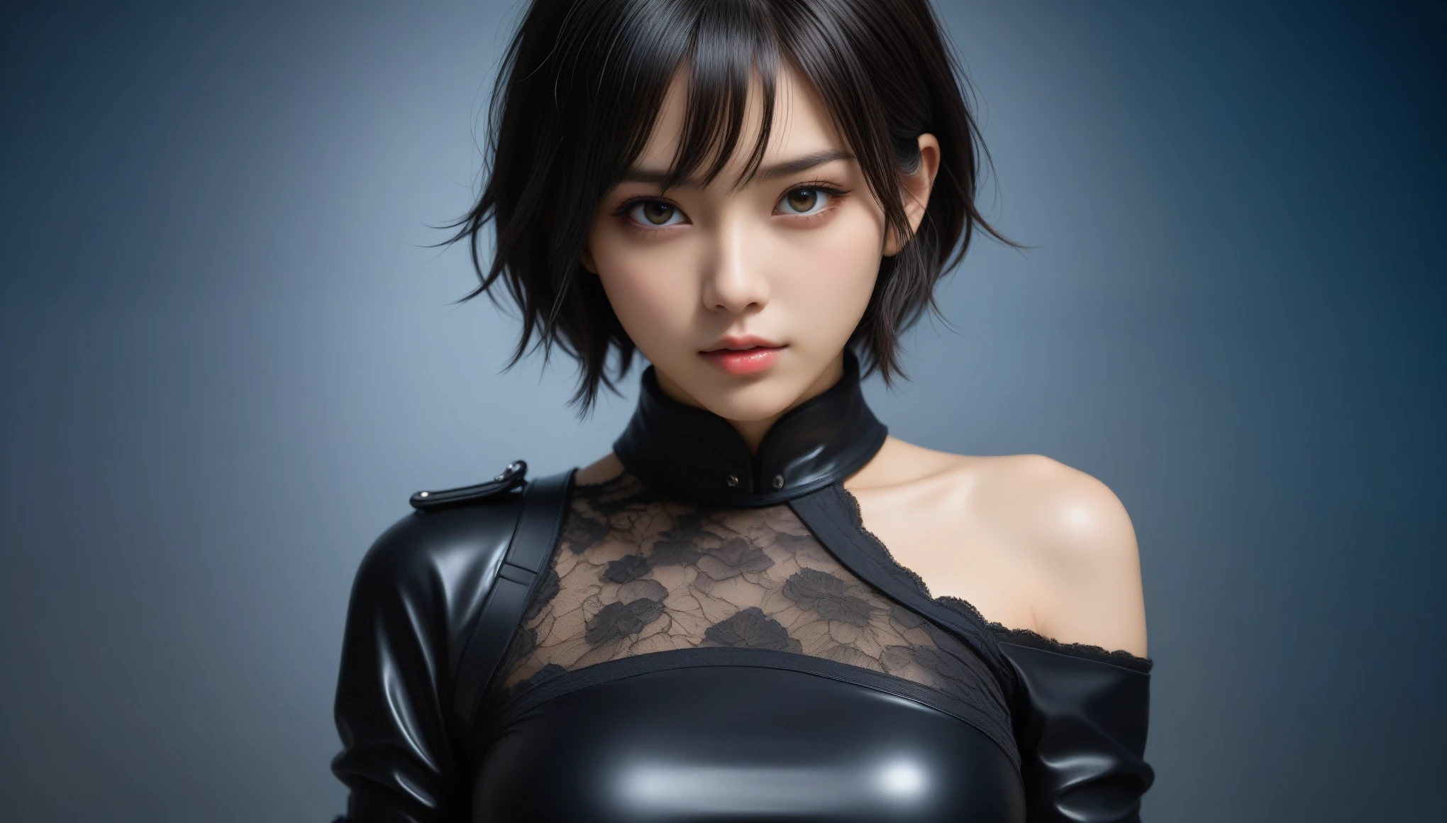 Realistic, Surreal, Cinema Lighting, 32k, 28 years old,One attractive girl, look up, Backlight, (Bright light:1.2), (Improvement of quality:1.4), (Highest quality realistic textured skin:1.4), fine grain, Detailed face, Black Short Hair, Bondage,From below,Sweat,Wet, (Enhances the beauty of skin texture:1.3), Matte texture, blush, Sweat, Open your mouth, Rolling your eyes, tears, Sticking out tongue, saliva, saliva trail, Lips parted, Captivating smile