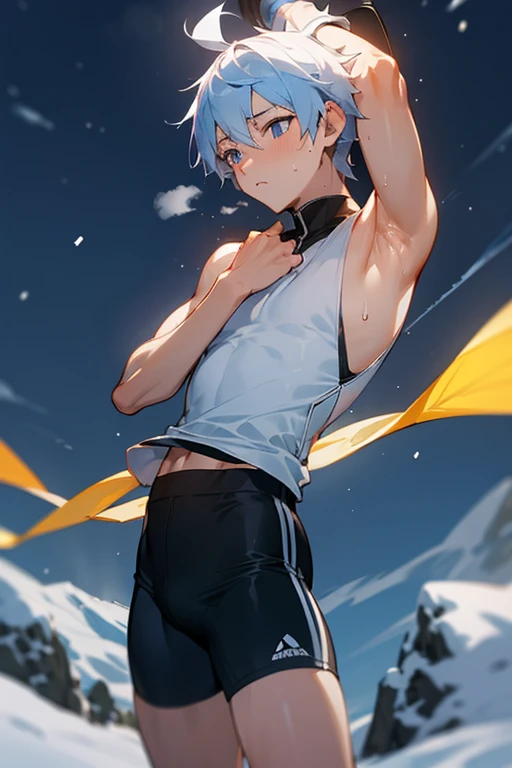 Masterpiece, best quality, 1boy, shota, white hair, white socks, solo, male focus, shirt lift, lift yourself, shorts, bare skin, navel, handsome, male, blush, looking at the audience, wet, sweat, aqua hair, navel hair, groin, sky, light particles