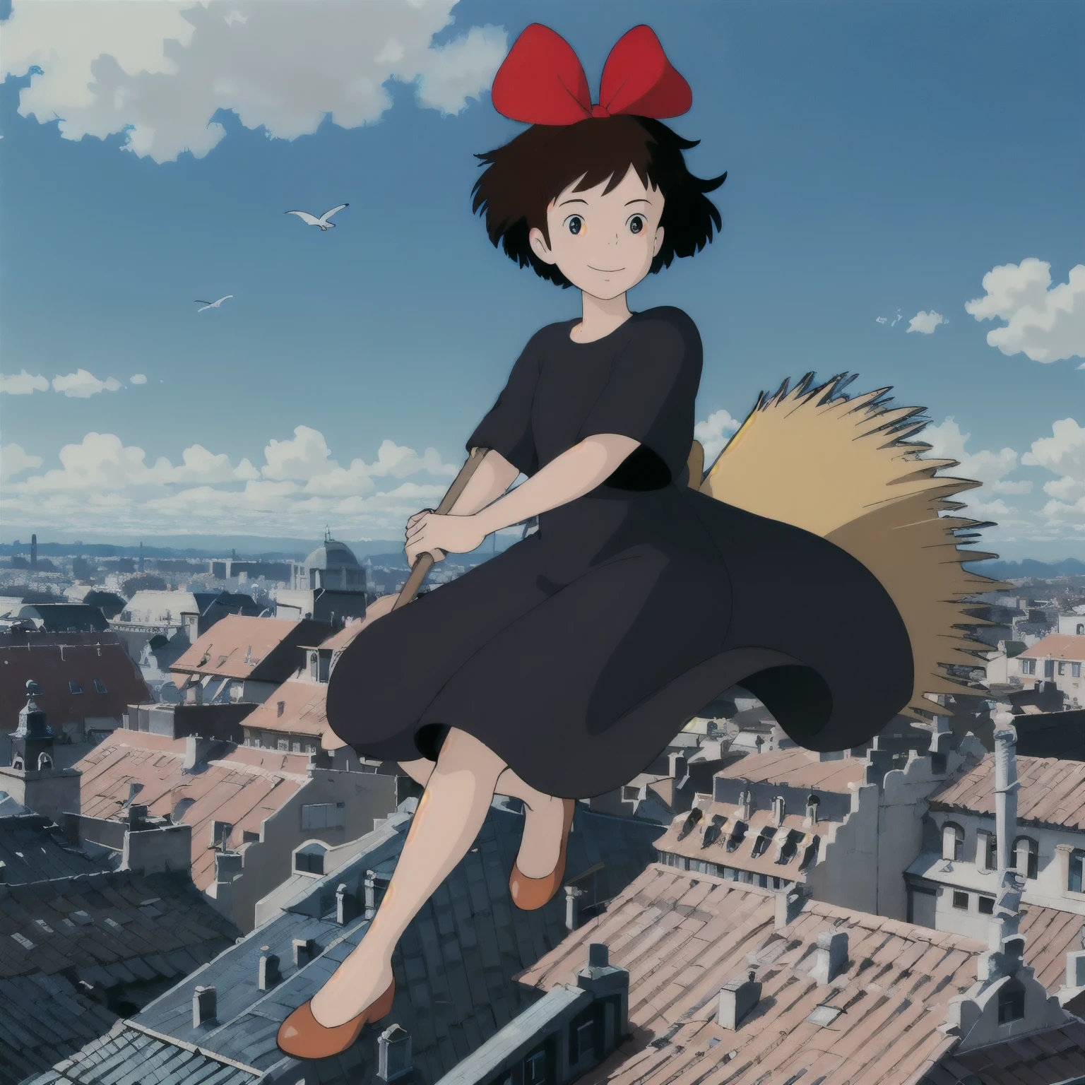 broom,holding broom,broom_riding,sitting,full body,
looking at viewer,smile,
Kiki,1girl,
short hair,
brown hair,
black eyes,
hair bow,
black dress,
brown footwear,
flying,sky,city,