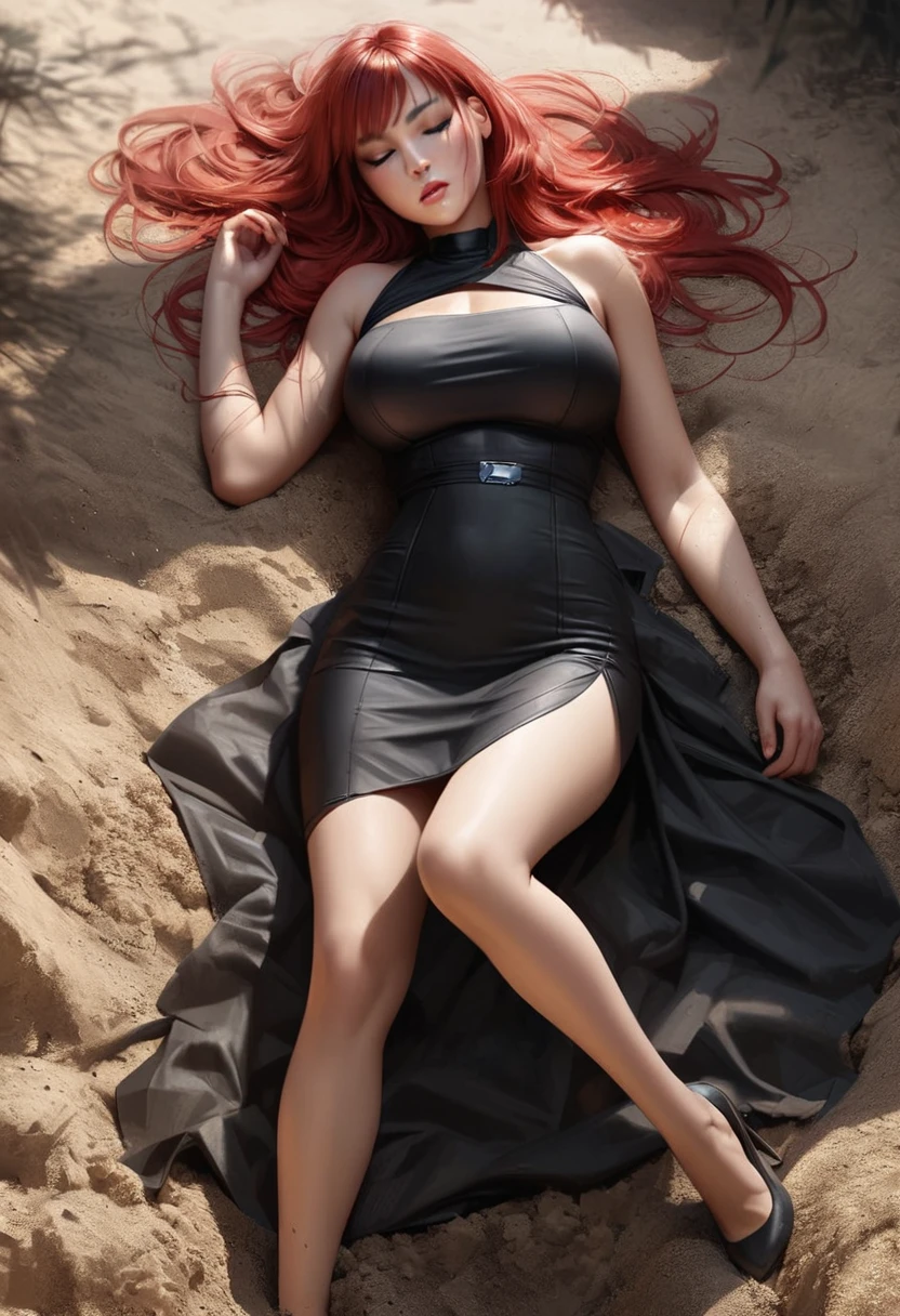 A beautiful woman sleeping on the ground outside, in the dirt, realistic, full body, visible legs, long red hair, golden eyes, long fitted dress, big breasts, wide cadriu, thin waist