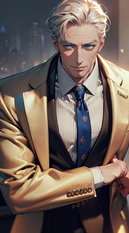 1boy, brown hair, city, night, superhero, gold tuxedo, drunk, blush, eyewear_on_head, anime style, fighting, outdoors, detailed face, highly detailed, intricate details, cinematic lighting, glowing energy effect, dramatic composition, dynamic pose, neon cityscape, volumetric fog, cinematic atmosphere, vibrant colors, surreal elements, (best quality,4k,8k,highres,masterpiece:1.2),ultra-detailed,(realistic,photorealistic,photo-realistic:1.37)