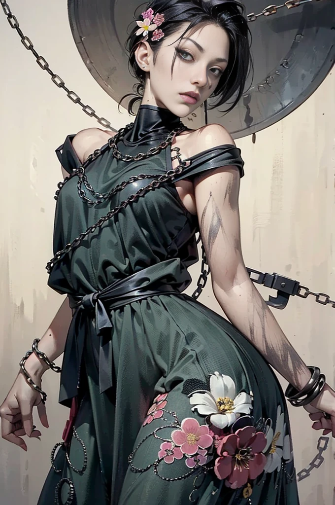 ((Background made up of chains and flowers))、 Horror elements, (masterpiece), (High resolution), (Very delicate), (clear), Manga style illustration,Japanese painting, (spooky), crazy illustration, Flat Illustration, spooky外観, (Mr..々Color Hair Styles), Unique atmosphere、Small eyes、（Flat Chest）, ((Muddy hair)),chain wrapped around body、((spookyタトゥー))、Holding a balloon,Skin full of stitches,restrained by thick chains、（Colorful clown costumes）、Bold Pose、Sexy Costumes、dress
