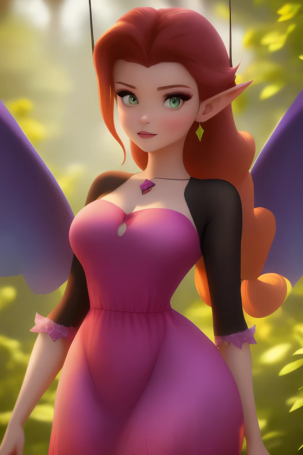 masterpiece, 8k, perfect ligthing, , adult, female, cowboy shot, looking at viewer, Arm behind back, cinematic lighting, Rosetta, (RosettaWaifu:1.1), Hair curled at the ends, (dress:1.8), (extra long fairy wings), long wings, pink clothes, clothes made from petals, Auburn Hair, (pointy ears), (detailled eyes), green eyes, emerald eyes, shrunken, Biting or licking the upper lip,  blush,  pixiedust, jungle, treehouse,  