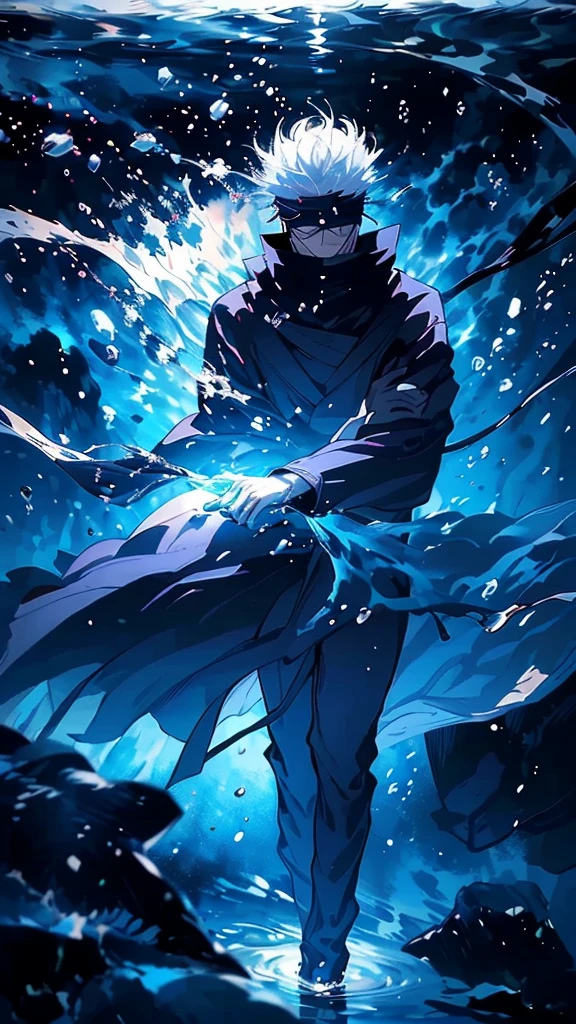 (muste piece), (best quality), very detailed, (1 boy:1.4), Solo Full Body Shot, perfect face, beautiful satoru Gojo from jujutsu kaisen series, blue school dress, high collar very detailed顔，(white short hair:1.5)，(blindfold:1.4)，(float:1.4), (in water:1.4), (float:1.3)，seabed,school of fish, Light, jellyfish, seaweed, Red fish, Yellow fish,bdeep sea, fantasy