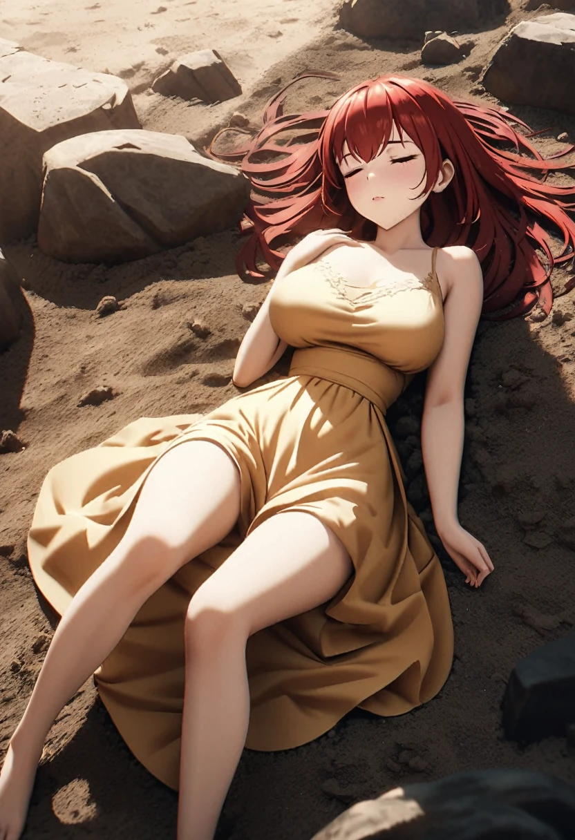 A beautiful woman sleeping on the floor outside, in the dirt, body, cineart, whole, visible legs, long red hair, golden eyes, long delicate dress, big breasts, wide cadriu, thin waist