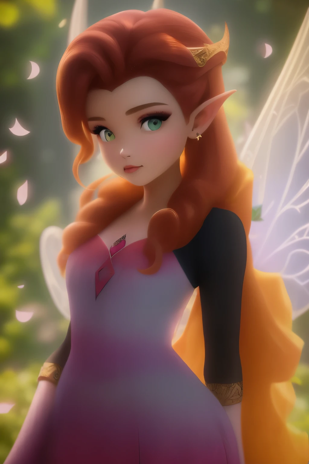 masterpiece, 8k, perfect ligthing, , adult, female, cowboy shot, looking at viewer, Arm behind back, cinematic lighting, Rosetta, (RosettaWaifu:1.1), Hair curled at the ends, (dress:1.8), (extra long fairy wings), long wings, pink clothes, clothes made from petals, Auburn Hair, (pointy ears), (detailled eyes), green eyes, emerald eyes, shrunken, Biting or licking the upper lip,  blush,  pixiedust, jungle, treehouse,  