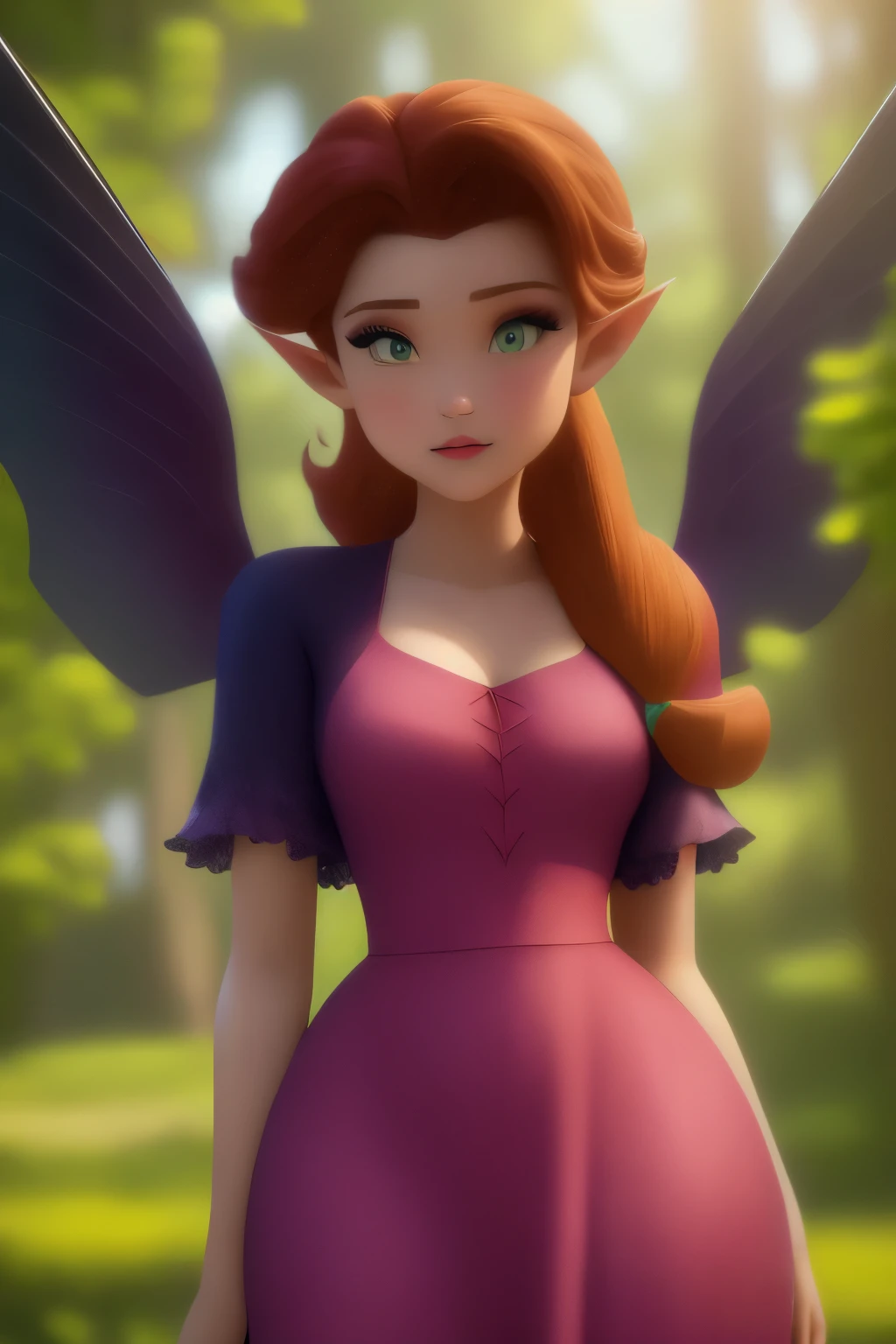 masterpiece, 8k, perfect ligthing, , adult, female, cowboy shot, looking at viewer, Arm behind back, cinematic lighting, Rosetta, (RosettaWaifu:1.1), Hair curled at the ends, (dress:1.8), (extra long fairy wings), long wings, pink clothes, clothes made from petals, Auburn Hair, (pointy ears), (detailled eyes), green eyes, emerald eyes, shrunken, Biting or licking the upper lip,  blush,  pixiedust, jungle, treehouse,  