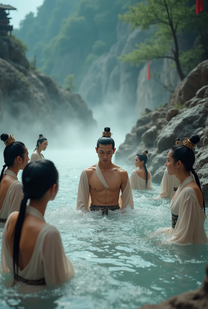 In ancient Chinese clothing from the Tang Dynasty,  in a large bathtub, using soap to scrub his body and bathe, showing off to the women in the sauna room.

