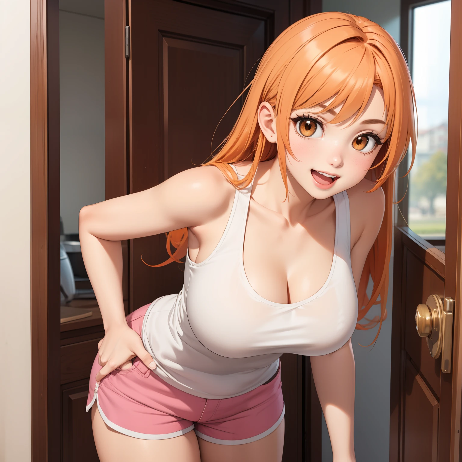 as Yuuki, 1 woman, orange hair , hazel eyes, Best Quality, masterpiece, ultra detailed, high quality, High resolution, 1 girl, , smile, open mouth, looking at the viewer, (white tank top, pink shorts), big breasts, neckline, sexy curvy body, to throw, shooting they seek, from the front, standing, Whole body, pies, In the home, open the door, Leaning forward, perfect hands.