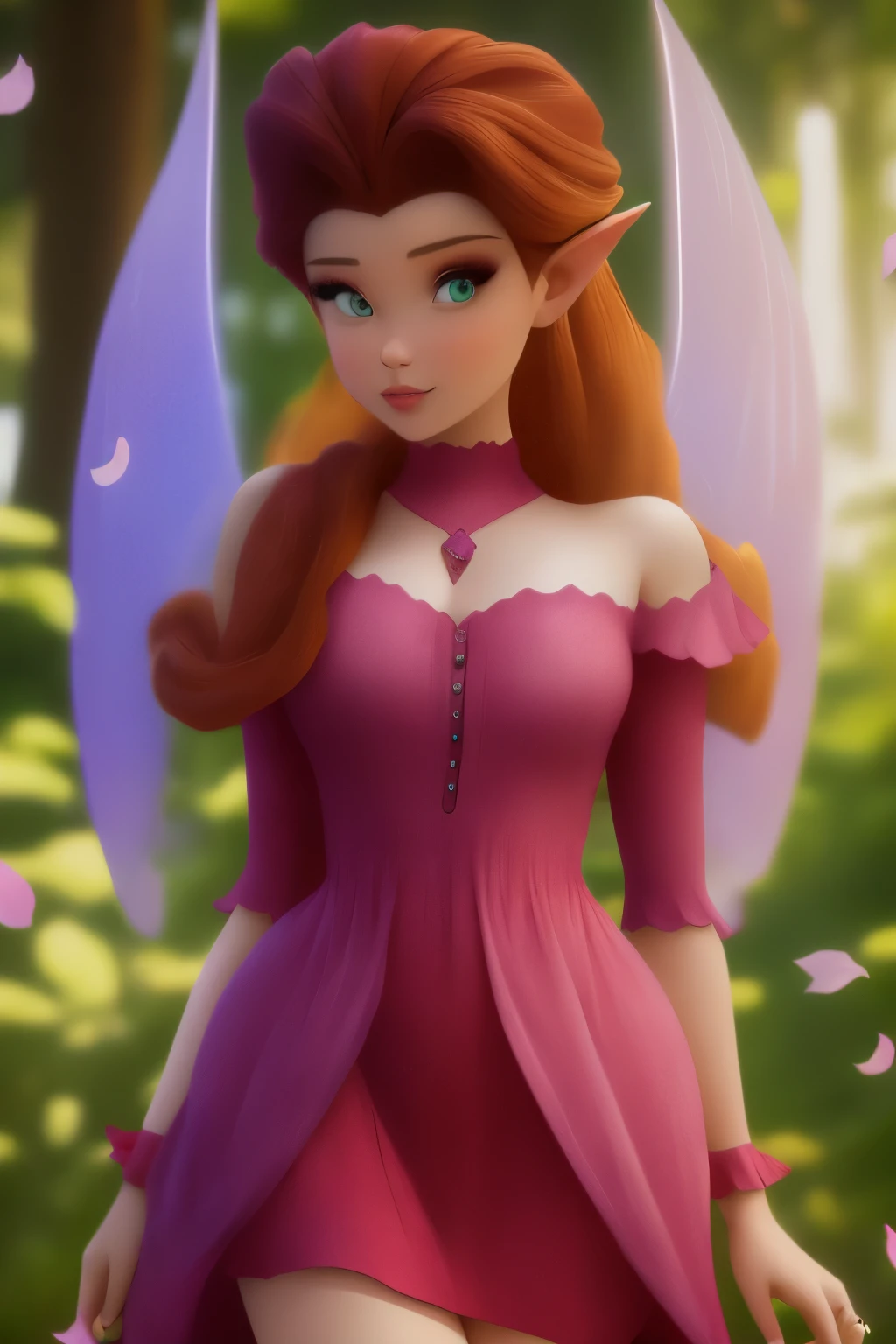 masterpiece, 8k, perfect ligthing, , adult, female, cowboy shot, looking at viewer, Arm behind back, cinematic lighting, Rosetta, (RosettaWaifu:1.1), Hair curled at the ends, (dress:1.8), (extra long fairy wings), long wings, pink clothes, clothes made from petals, Auburn Hair, (pointy ears), (detailled eyes), green eyes, emerald eyes, shrunken, Biting or licking the upper lip,  blush,  pixiedust, jungle, treehouse,  