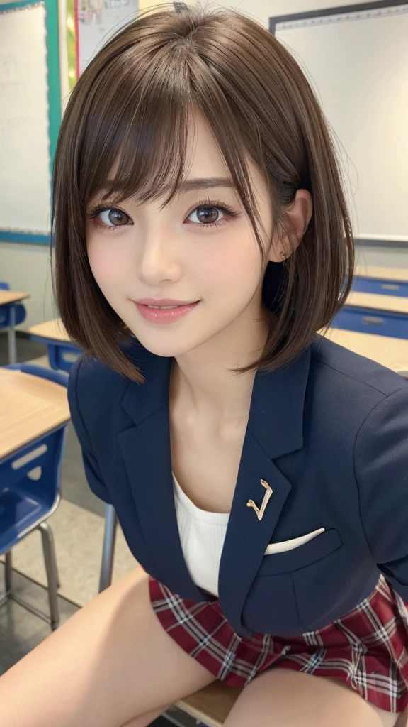 (Best Quality, 4K, 8K, hight resolution, masutepiece:1.2),1 beautiful young girl, Super beautiful detailed face, shyly smile, Symmetrical black eyes), 1 girl with a perfect body, Super fine face and eyes,slong hair,(fishnet garment:1.3, grey blazer, ribbon, socks, high school uniform: 1.2),hime cut hair, (Fine face:1.2), High quality, Realistic, Highly detailed CG unified 8K dendenden wallpaper, Highly detailed, High-definition raw color photos, Professional Photography, Realistic portrait, Cinematic Light, Beautiful detailed, Super Detail, high details, depth of fields, ((FULL BODYSHOT:1.5))、Medium Hair、semi long hair、(thighs)、(beauty legs)、(Idol Face)、Embarrassed face、 Ultra-detailed, (Realistic, Photorealistic, Photorealsitic:1.37), (Beautiful detailed eyes, Beautiful detailed lips, extremely detailed eye and face), Vivid colors, (Big Tits, ultra, Glamorous body), (Long black straight hair, Shiny hair, Shiny skin),(Photographed up to the calf)、full body Esbian