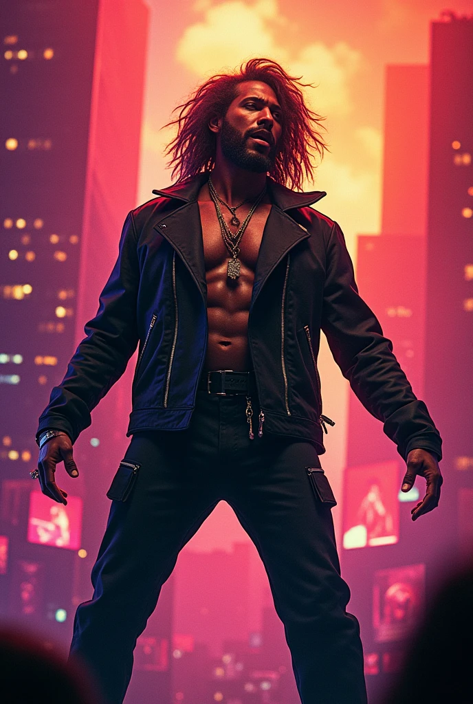Anime, muscular black thug with demon horns, (The background is the dark night in the alley with some neon signs) 