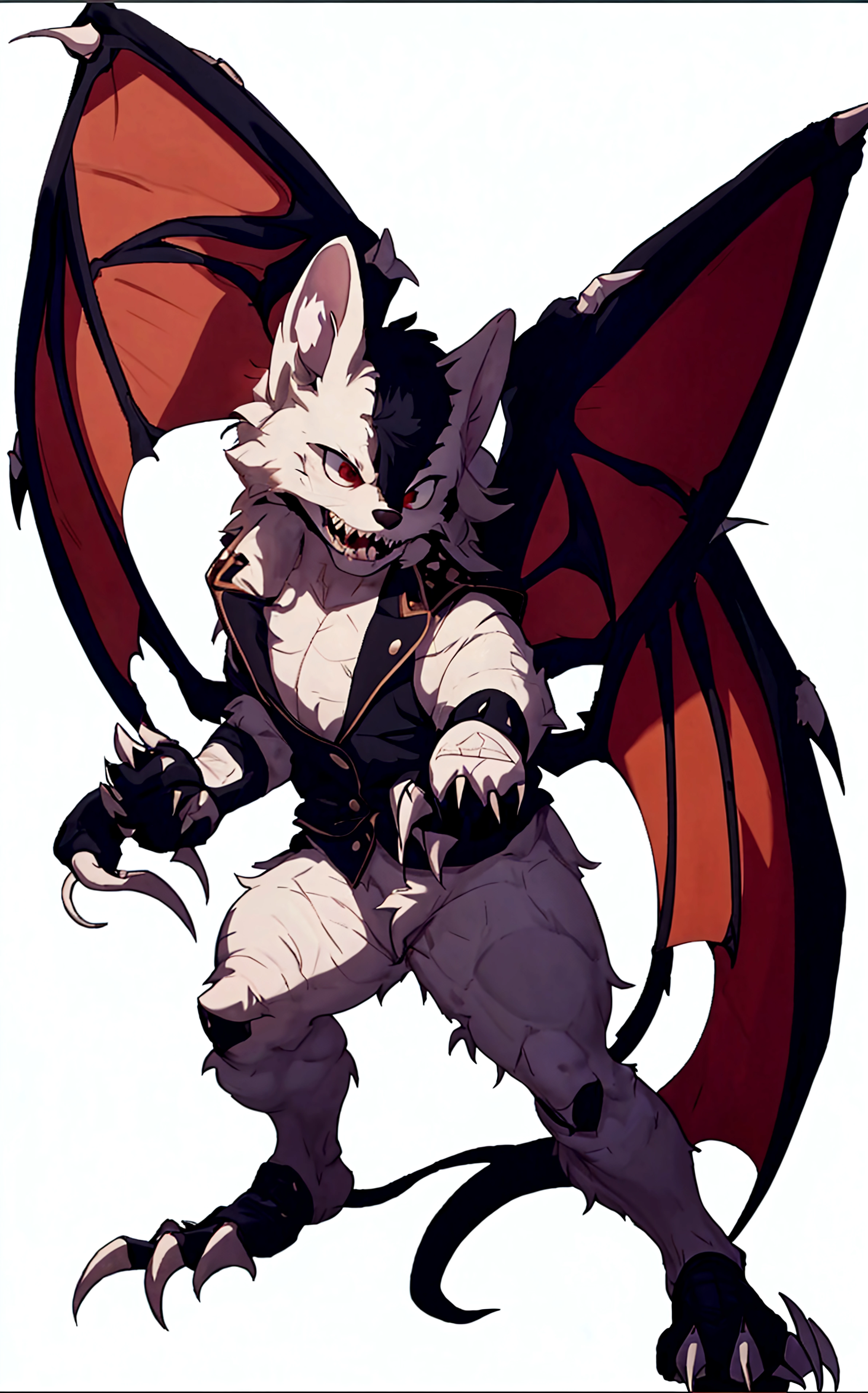 full body POV, furry, anthro,bat,black bat ears, black inside of bat ears, bat wings, black fur, white stripes, whitr stripes covering body, neck floof, black and white eyes, razor sharp teeth, slim, twink, femboy, handsome, monstrous, tall, posing cutely, black background, smirking, sticking tongue out, naked, giant erect snow white cock, black tip, best quality, 4K, UHD, masterpiece,