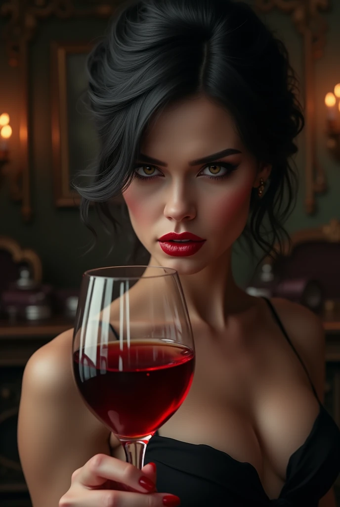Beautiful woman with long light brown curly hair, green eyes and slightly tanned skin with light freckles. She is wearing a red plunging dress. She’s holding a glass of red wine and the lighting is low but warm.