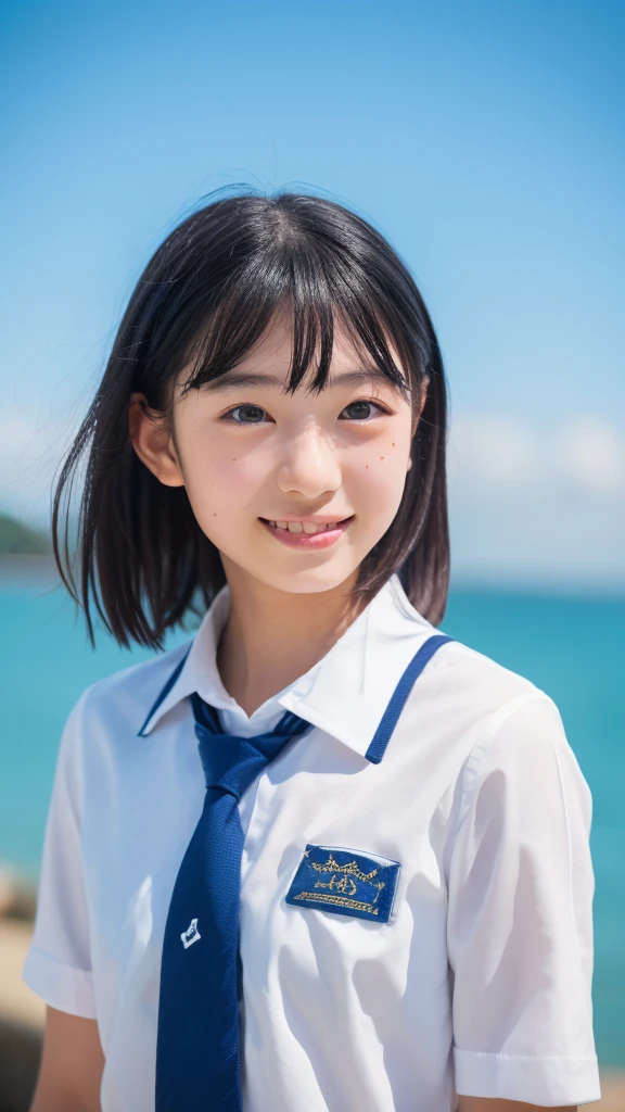 (1 girl, alone, Japanese Girls), ,Highest quality, Tabletop, 8k, High resolution, Very detailed, (Portraiture), Remember, Black Hair, short hair, Hair Clip, Glowing Skin, Flat Chest, smile,  (Middle school students:1.5, uniform, White collared shirt, bow tie,), summer, blue sky, thunder head, Ocean,