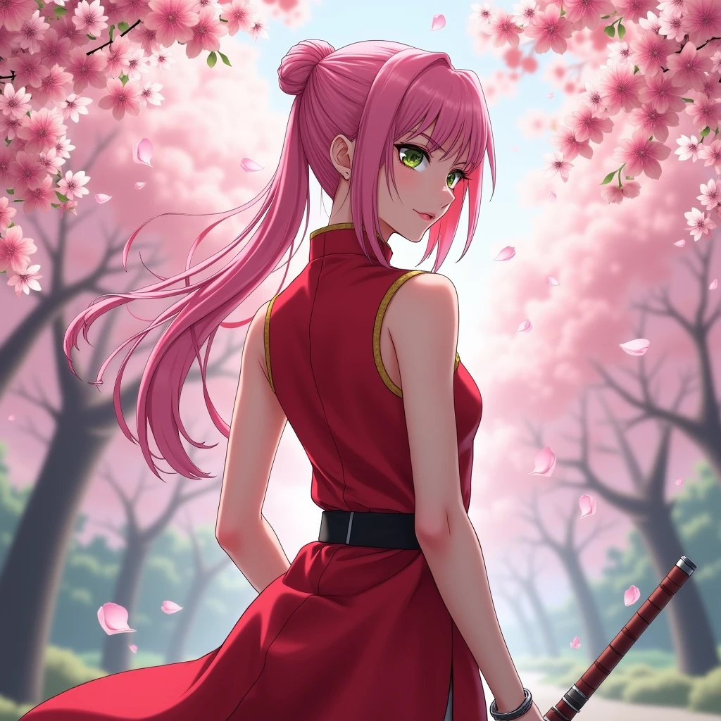 Sakura from naruto standing under cherry blossoms pink hair red dress and a kunai in hand
