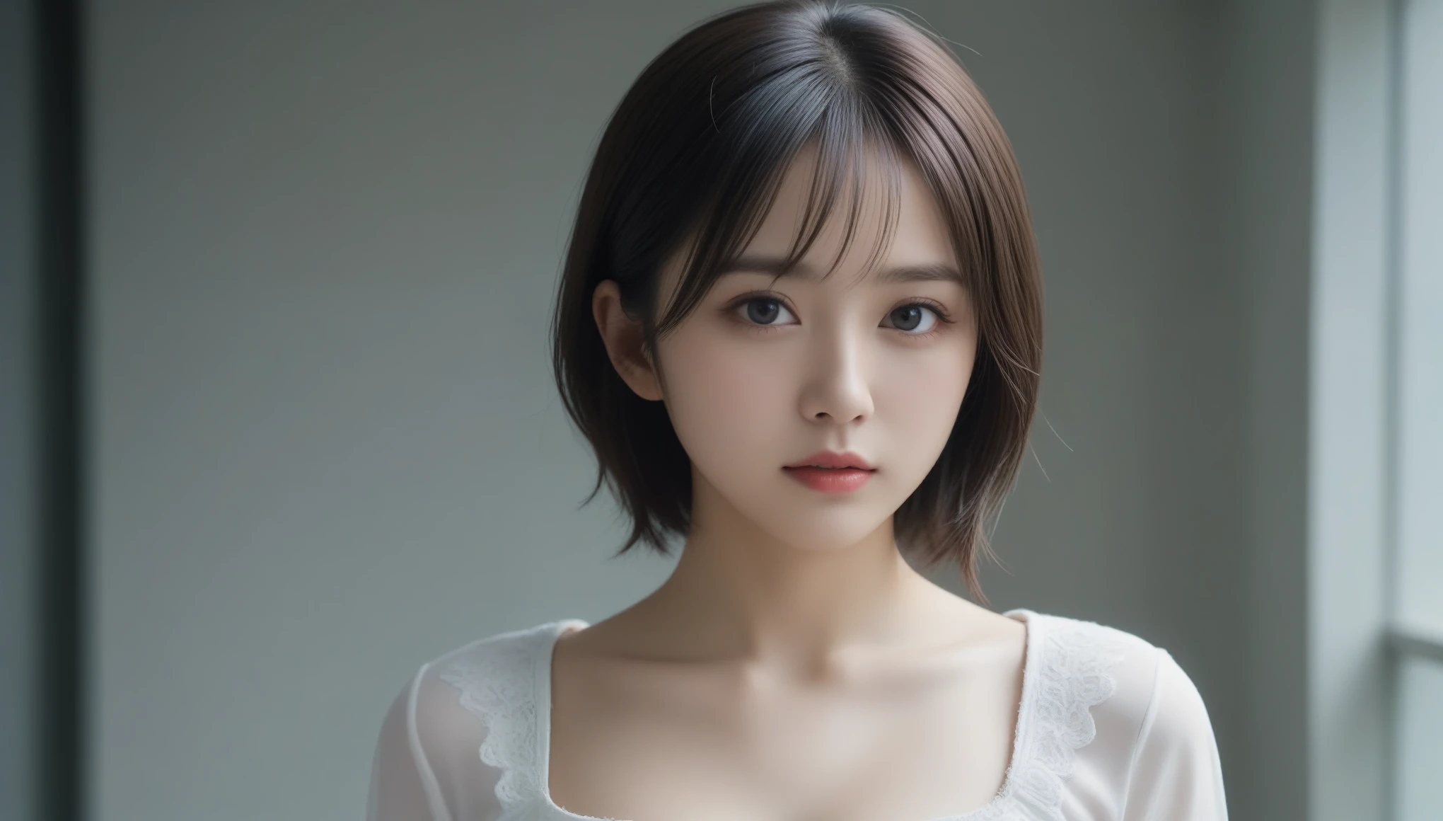 masterpiece, top-quality, Raw foto, Photorealsitic、full body Esbian、 beautiful a girl, cute little, shorth hair, depth of fields, hight resolution, ultra-detailliert, finely detail, ighly detailed, extremely detailed eye and face, Sharp pupils, Realistic pupils, foco nítido, Cinematic lighting、small tits、In the street、Casual wear