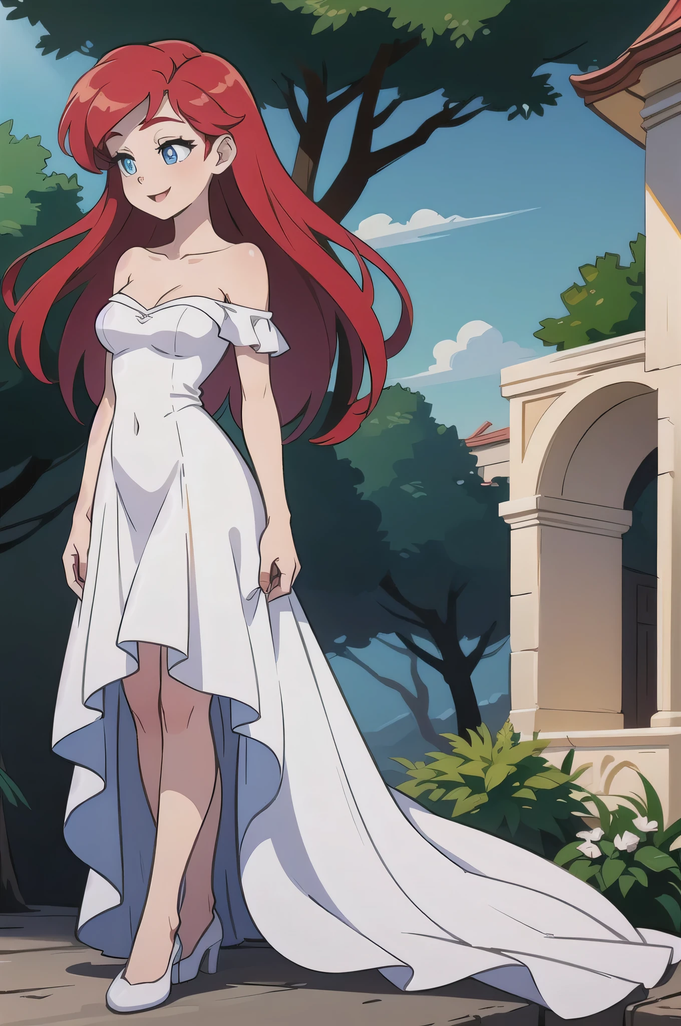 Best quality, Beautiful lighting, Ariel, long red hair, blue eyes, happy, 1 girl, solo, Bare Neck, Bare Arms, Bare Shoulders, white dress, Strapless White Ruffle Off-the-Shoulder Top, Long Skirt, Garden Background, gazebo, standing, upper body, holding her skirt