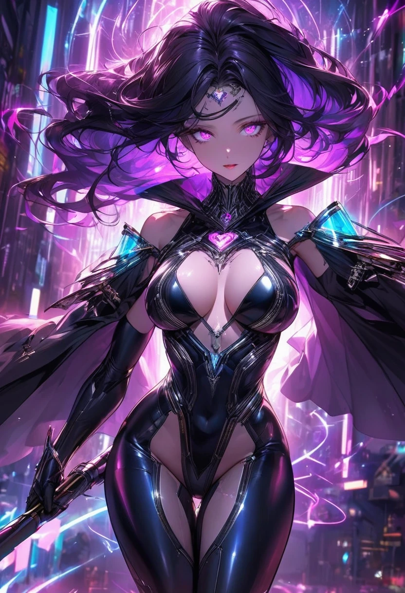 Tall and slender with large breasts, a thin waist, and thick thighs that accentuate her imposing and seductive figure.

Clothing: She wears a tight bodysuit made of shiny black synthetic material, with silver metallic details that form energy circuits along the body. The upper part is reinforced with armored plates, leaving a small part of the abdomen and shoulders exposed. Above the body, she wears a long black cloak with an electric purple interior, reflecting the neon light of the streets. She wears high boots with metallic heels and luminous inserts. Her gloves, black and studded, cover them up to the elbows and are connected to small holographic panels that provide them with digital interfaces.

She has long, long, wavy red hair, with golden neon that lights up when she uses her powers. Her eyes are magnificent, a bright gold. Her skin is pale but smooth, almost synthetic, with glowing circuit-shaped tattoos running along her arms and neck.

Accessories: She wields a technological staff made of matte black metal with a purple plasma energy core. At the top, a crystal floats within a magnetic field, emitting pulses of energy. She wears several rings with embedded chips and a spiral necklace with a central hologram that pulses like a digital heart.

Personality: She is mysterious and deadly. Her cold and calculating charisma combines with advanced artificial intelligence, making her one of the most brilliant and dangerous minds in a world dominated by technology. She is an expert hacker and digital wizard, capable of manipulating codes, energy and human minds with equal ease.