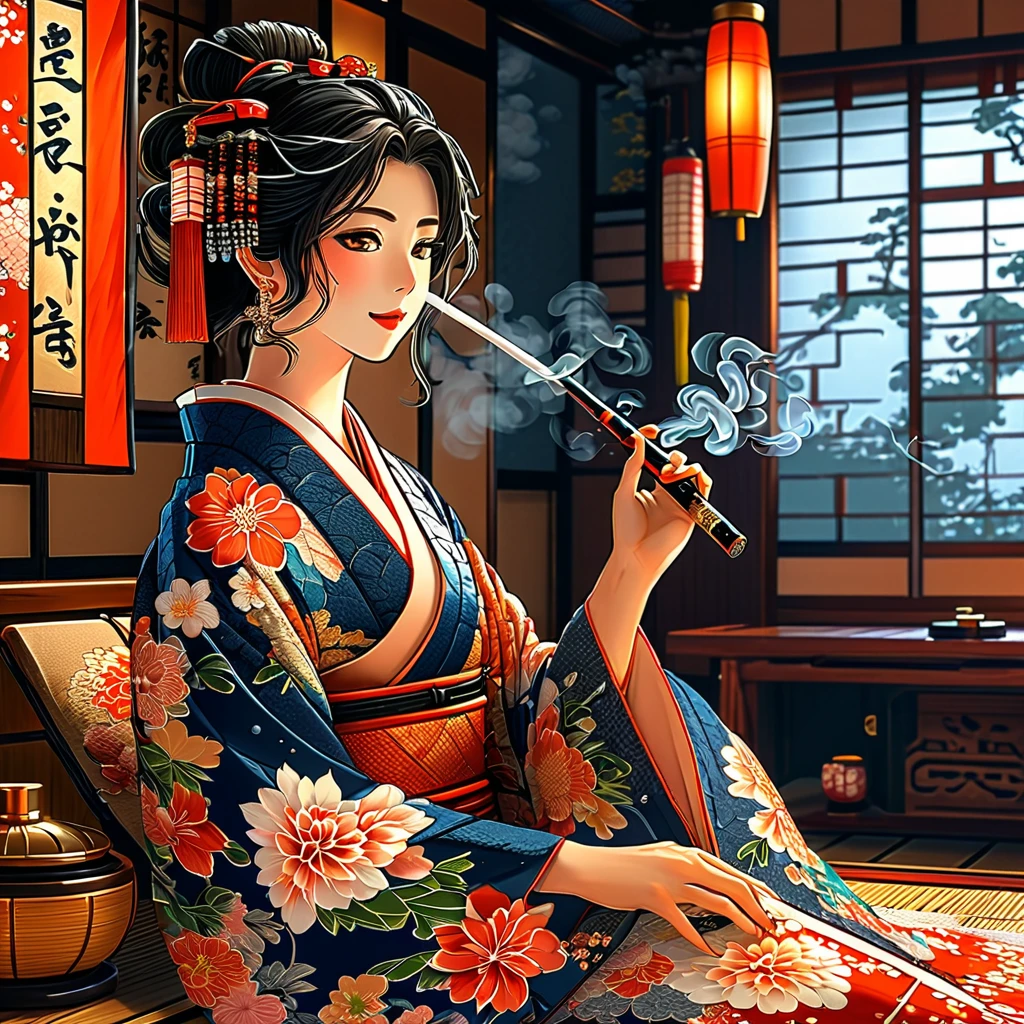 "An anime-style courtesan in a luxurious kimono, placing her right elbow on an armrest, holding a kiseru (traditional Japanese smoking pipe) in her hand, lying on tatami mats in a traditional Japanese room at night, emphasizing her beauty."    in a pixel art style, detailed , best quality, masterpiece, ultra intricate detailed, high detailsone, in a pixel art style, detailed , best quality, masterpiece, ultra intricate detailed, high detailsone 