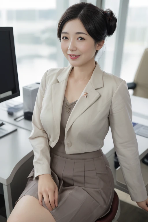 Masterpiece, photo quality, high resolution photo quality, Japanese woman, business jacket, cotton tight skirt, beautiful skin-colored thighs, smile, droopy eyes, gentle eyes, updo, office,