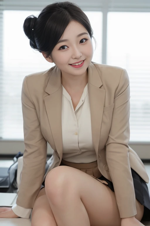 Masterpiece, photo quality, high resolution photo quality, Japanese woman, business jacket, cotton tight skirt, beautiful skin-colored thighs, smile, droopy eyes, gentle eyes, updo, office,