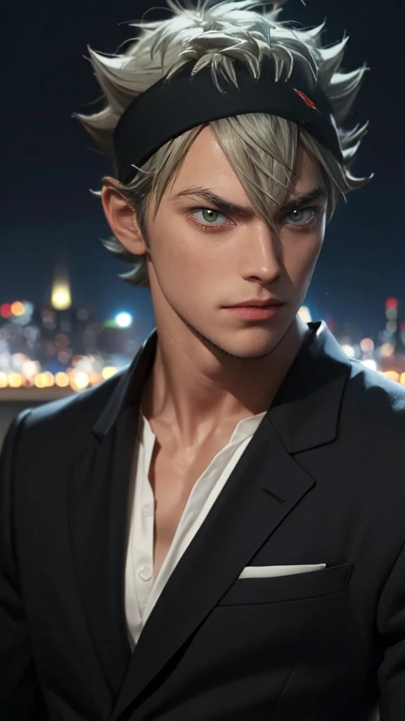 artwork, best quality, high quality, 1 boy, solo, male focus, looking at viewer, asta upper body, green eyes, headband, gray hair, spiky hair, artwork, very realistic, not entered smart, tall, very detailed, HDR, masterpiece, very detailed face and eyes, solo, guy, handsome, in the dark, sturdy body, tall, handsome face, still youthful like a Korean artist, his face has a flat expression, his body is big and muscular , tall, standing straight, strong body, tall, strong and handsome, wearing a complete black suit, mafia, like a mafia, modern times, at night, Her facial expression is flat, scary, Susana is tense, uncomfortable, creepy, dark atmosphere, Crossing both arms in front of chest 