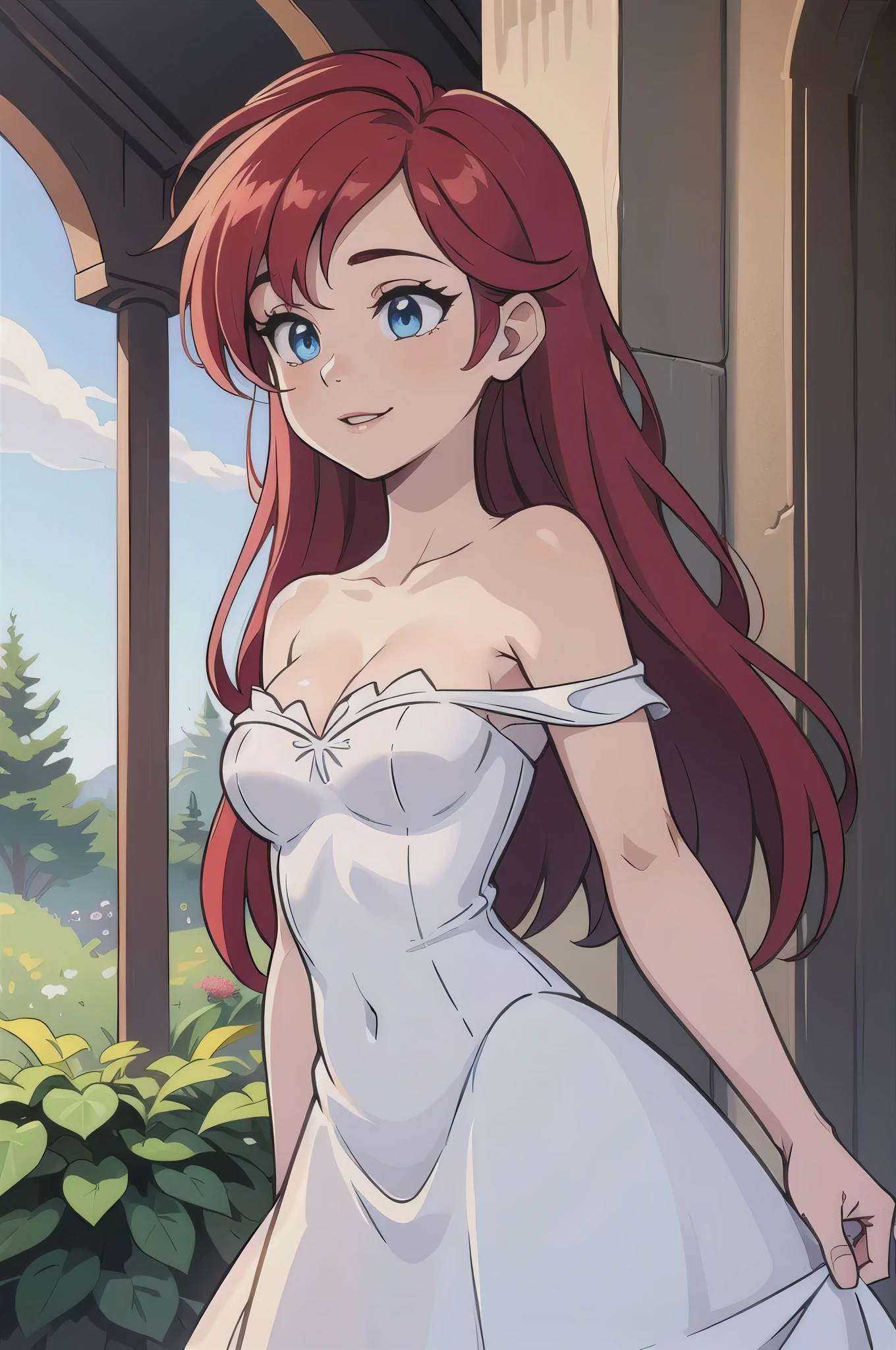 Best quality, Beautiful lighting, Ariel, long red hair, blue eyes, happy, 1 girl, solo, Bare Neck, Bare Arms, Bare Shoulders, white dress, Strapless White Ruffle Off-the-Shoulder Top, Long Skirt, Garden Background, gazebo, standing, upper body, holding her skirt