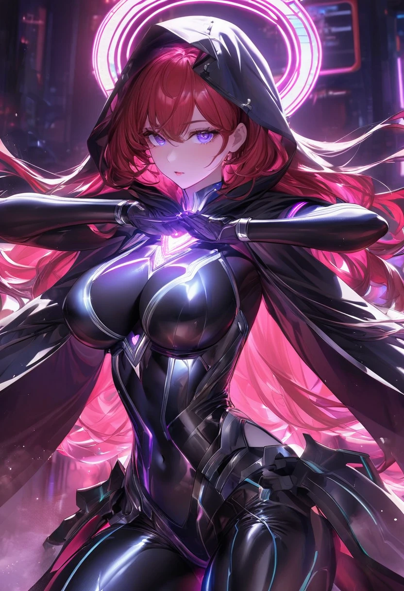 Tall and slender with large breasts, a thin waist, and thick thighs that accentuate her imposing and seductive figure.

Clothing: She wears a tight bodysuit made of shiny black synthetic material, with silver metallic details that form energy circuits along the body. The upper part is reinforced with armored plates, leaving a small part of the abdomen and shoulders exposed. Above the body, she wears a long black cloak with an electric purple interior, reflecting the neon light of the streets. She wears high boots with metallic heels and luminous inserts. Her gloves, black and studded, cover them up to the elbows and are connected to small holographic panels that provide them with digital interfaces.

She has long, long, wavy red hair, with golden neon that lights up when she uses her powers. Her eyes are magnificent, a bright gold. Her skin is pale but smooth, almost synthetic, with glowing circuit-shaped tattoos running along her arms and neck.

Accessories: She wields a technological staff made of matte black metal with a purple plasma energy core. At the top, a crystal floats within a magnetic field, emitting pulses of energy. She wears several rings with embedded chips and a spiral necklace with a central hologram that pulses like a digital heart.

Personality: She is mysterious and deadly. Her cold and calculating charisma combines with advanced artificial intelligence, making her one of the most brilliant and dangerous minds in a world dominated by technology. She is an expert hacker and digital wizard, capable of manipulating codes, energy and human minds with equal ease.