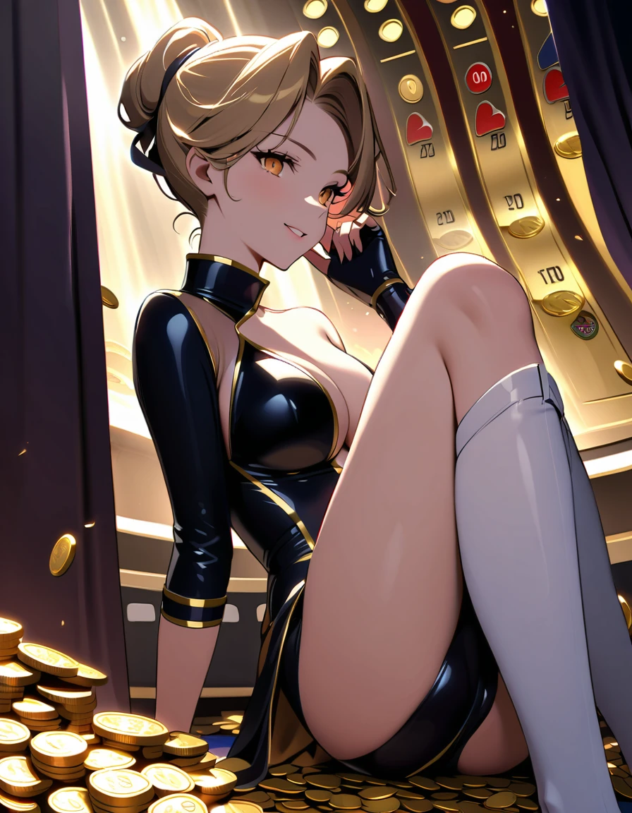 top-quality、Full limbs、complete fingers、1girl in、((one beautiful women、独奏))、Beautiful Large Breasts、Medium Hair、straight haired、Red hair、bunnygirl、(red bunny girl leotard)、(brown hair pantyhose)、Red bow tie、Red Bunny Girl Katyusha、casino、roulette、pokies、PlayingCards、A big smile、Naughty Poses