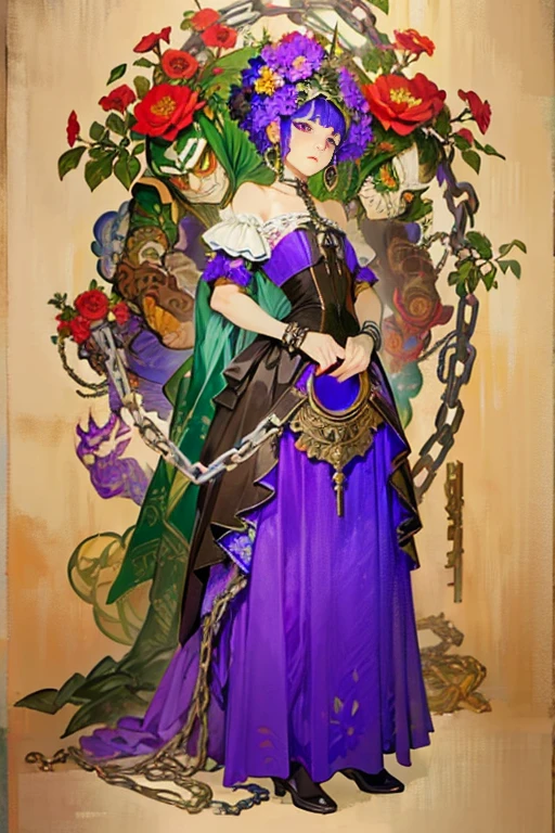 ((Background made up of chains and flowers))、 Horror elements, (masterpiece), (High resolution), (Very delicate), (clear), Anime characters wearing chains, green dress and purple dress, Alphonse Mucha and Rosdrose, Kschaert Krentz Key Art Feminine, everyone, Gweiz-style artwork, Rococo Cyberpunk, mechanized witch girl, Alice in Wonderland Cyberpunk
