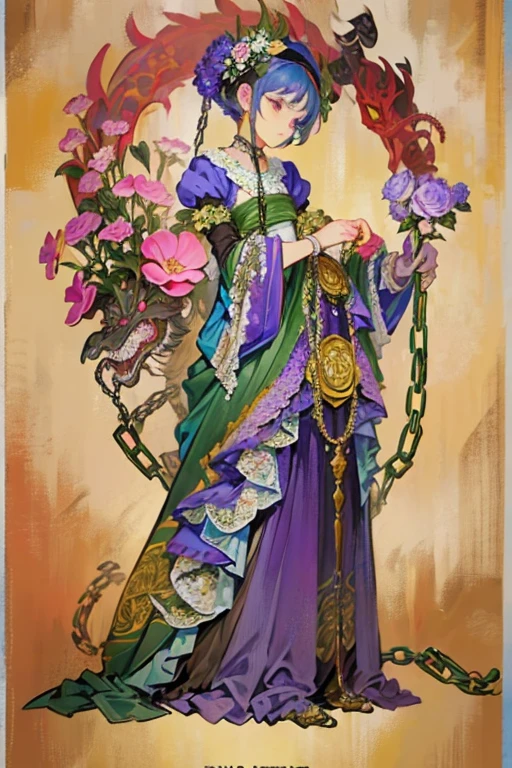 ((Background made up of chains and flowers))、 Horror elements, (masterpiece), (High resolution), (Very delicate), (clear), Anime characters wearing chains, green dress and purple dress, Alphonse Mucha and Rosdrose, Kschaert Krentz Key Art Feminine, everyone, Gweiz-style artwork, Rococo Cyberpunk, mechanized witch girl, Alice in Wonderland Cyberpunk
