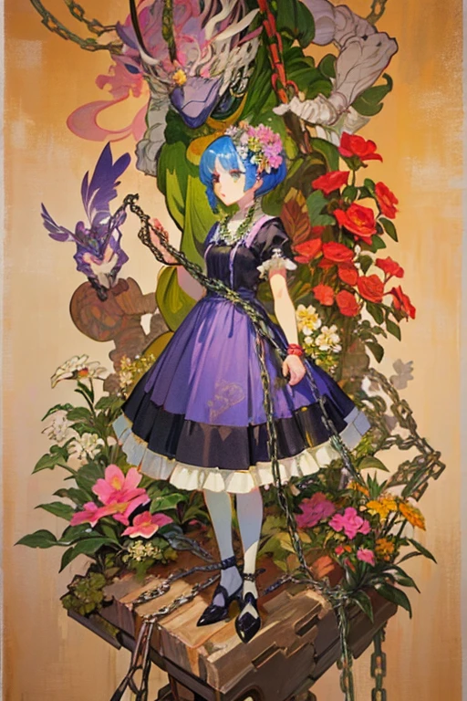 ((Background made up of chains and flowers))、 Horror elements, (masterpiece), (High resolution), (Very delicate), (clear), Anime characters wearing chains, green dress and purple dress, Alphonse Mucha and Rosdrose, Kschaert Krentz Key Art Feminine, everyone, Gweiz-style artwork, Rococo Cyberpunk, mechanized witch girl, Alice in Wonderland Cyberpunk
