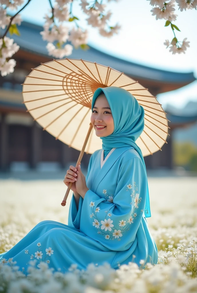 malay hijab ,wearing kimono,hold wood umbrella
