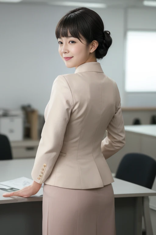 Masterpiece, photo quality, high resolution photo quality, Japanese woman, business jacket, cotton tight skirt, beautiful skin-colored thighs, smile, droopy eyes, gentle eyes, updo, office, back view, looking back at the viewer, detailed eyes, detailed facial expression, bangs,