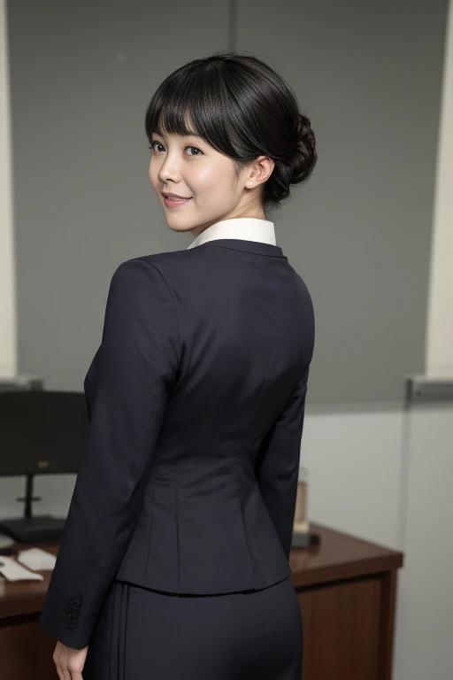 Masterpiece, photo quality, high resolution photo quality, Japanese woman, business jacket, cotton tight skirt, beautiful skin-colored thighs, smile, droopy eyes, gentle eyes, updo, office, back view, looking back at the viewer, detailed eyes, detailed facial expression, bangs,