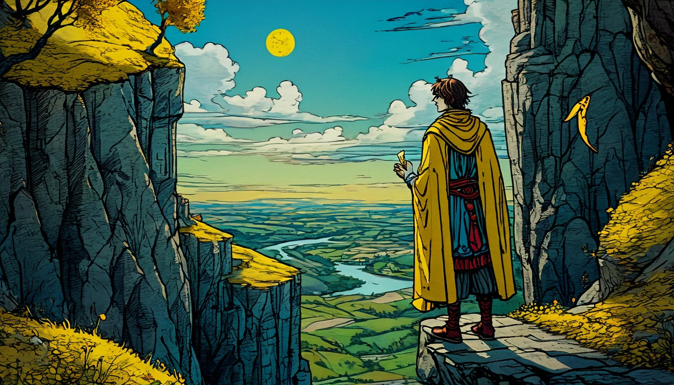 tarot card, Crazy, A young man in colorful clothes stands on the edge of a cliff accompanied by a dog., ((text at the bottom of the letter: "Crazy")) gothic medieval animation, intricate details, oil. well-defined face and hands, cinematic, full hd, it is day, with a lot of yellow in the environment, The Fool&#39;s clothes are light and he is happy with life, about to jump off a cliff.. The landscape is beautiful and he has a little dog at his feet taking care of him..