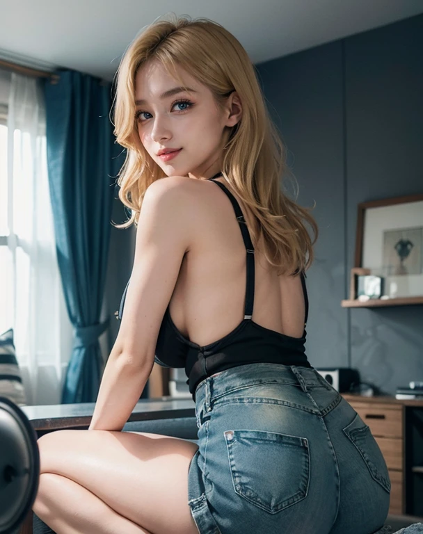 1girl, (Blue Eyes), (smiling :1.2), (Sana Minatozaki), (beautiful makeup :1.2), wide hips, Big tits, big ass, (Best Quality, 8k, Masterpiece: 1.3), Clear Focus: 1.2, Perfect Body Beauty: 1.4, strong abs, Highly detailed face and skin texture, detailed eyes, double eyelids, (blonde long wavy hair :1.2), (cleavage black cotton tanktop :1.2), (mini denim shorts :1.3), squatting, look back, view from back, in a living room