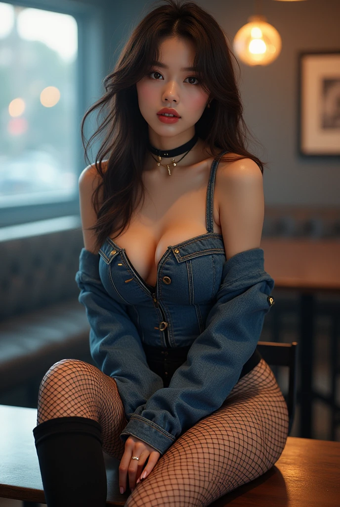 (realist, High resolution:1.3), (Upper part of the body), 1 girl with perfect figure, Super fine face and eyes., black fur, by the wide, Denim corset top, Tight jeans, coffee shop, Session, (big breasts), neckline, a slight smile