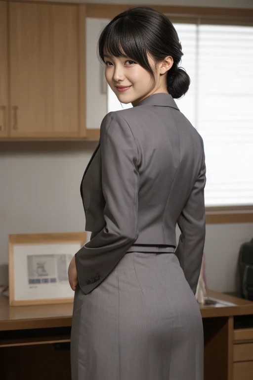 masterpiece, photo quality, high resolution photo quality, Japanese woman, business jacket, cotton tight skirt, beautiful skin-colored thighs, smile, droopy eyes, gentle eyes, updo, office, back view, looking back and looking at the viewer, detailed eyes, detailed facial expression, bangs, pose that emphasizes the buttocks, natural smile, natural facial expression,