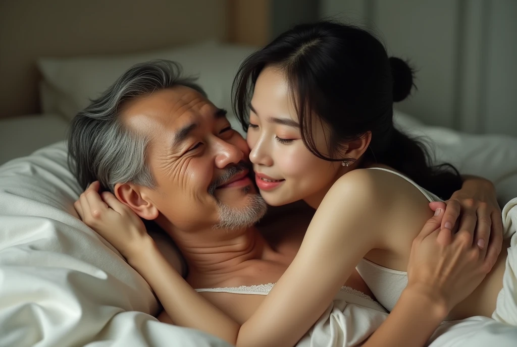 ((Highest quality)), ((masterpiece)), (detailed), （Perfect Face）、The woman is hugging and kissing the middle-aged man on the bed, and the middle-aged man&#39;s penis is inserted into the woman&#39;s pussy, and a large amount of semen is ejaculated, and they have sex and make love.、The woman is a Tier, has medium-long black hair, and is wearing an engagement ring.