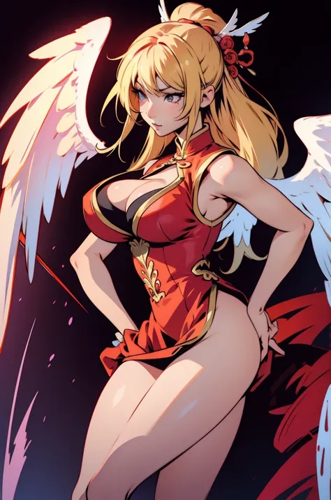 blonde clothes oriental style chinese red, full body shanxia, angelic white wings, cleavage, a tense look, big boobs, big ass, c...