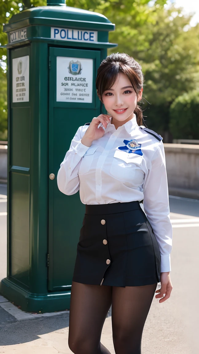 ((Highest quality, 8k, masterpiece, Portraiture: 1.3)), (View your audience), (close:0.85), Attractive business mature woman, A little thick:0.25, (((Female police officer))),((In uniform)) ((Tight Skirt))、((Black Pantyhose))、(Big Breasts:1.4), A kind smile、Captivating Gaze、 (Background of the police box in front of the station)、Short Bob、Good posture、look forward to、((Sweaty skin))、((Sweaty skin))、((Greasy skin))、
