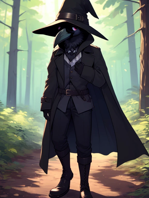 crow, (((crow))), corvid, furry, (tall), black feathers, anatomically correct, ((outdoors, forest, trees, plague doctor clothes, closed trench coat, doc boots)), looking at viewer, expression of sadness