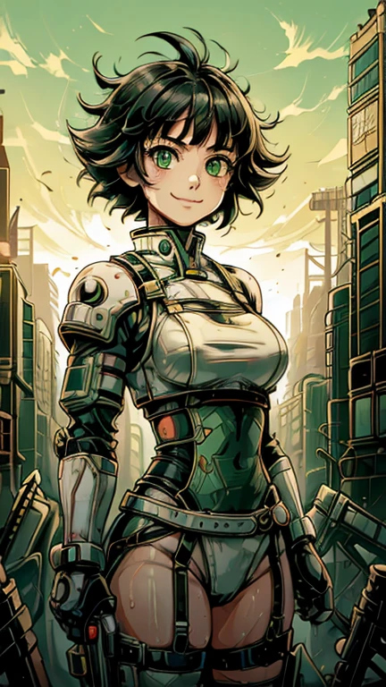 (8k),(masterpiece),(Japanese),(1girl,solo),((innocent look)),((Childish)),From the front, upper body, Cowboy shot, (Buttercup:1.0), smiling, (black hair, green eyes, short hair, messy hair), Standing, Daylight, bright, cyberpunk city,(White Scars)