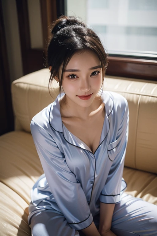 (2 Japanese girl,), (Small breasts:1.5,),(solo,,Textured skin, Detailed skin,Detailed face,Detailed eyes,detailed posing,Natural eyebrows,Sparkling Eyes,High detail, Highest quality, Super detailed, Surrealism, ,8k,RAW Photos,Photographicism,Professional Lighting,Portrait Photography,Soft Light),((Black Hair, Natural Makeup,Simple earrings, Bob Hair,smile,ribbon)),(((bed,Silk pajamas)))